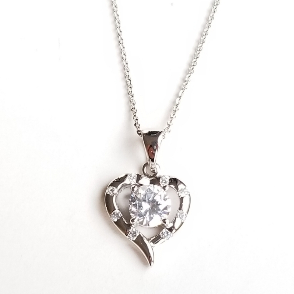 925 Sterling Silver Center Stone CZ Heart Necklace